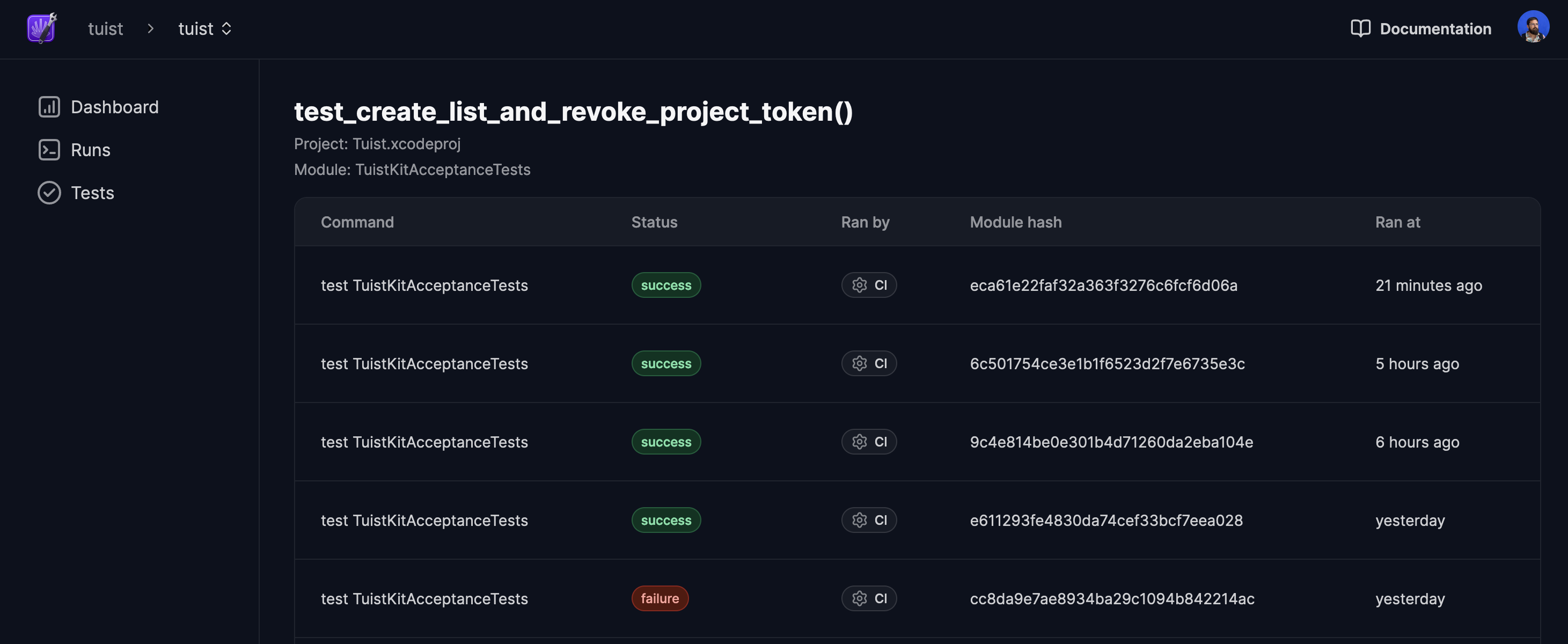 An image that shows the Tuist dashboard where one can see a test case named test_create_list_and_revoke_project_token and all their test runs where one of them shows as failing.