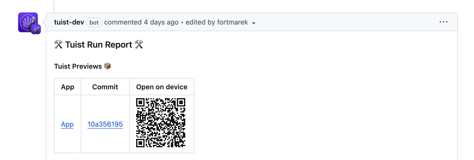 GitHub app comment with a Tuist Preview link